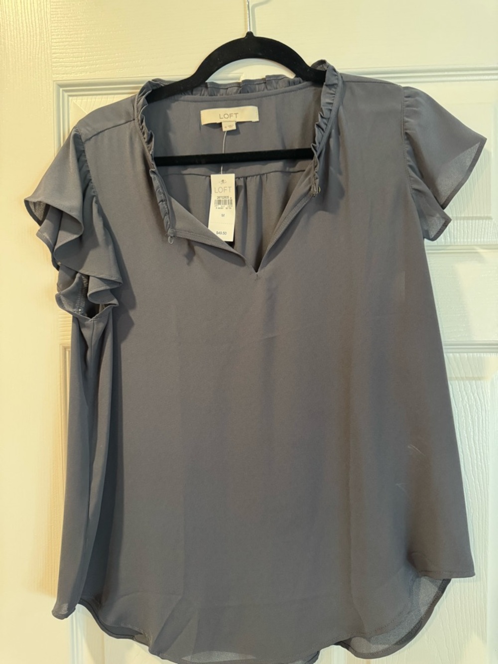 LOFT Gray Ruffle Sleeve V-Neck Blouse
